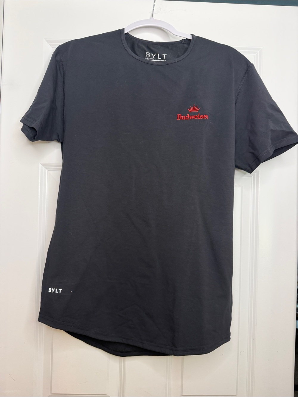 BYLT Basics Black Short Sleeve Tee with Red Budweiser Accent NWOT